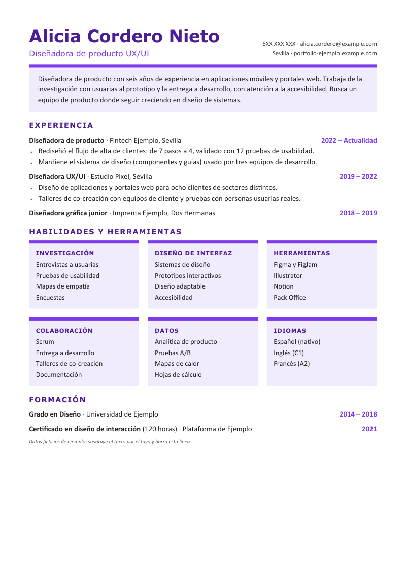 Vista previa de la plantilla con tarjetas: nombre en Verdana violeta, perfil en un recuadro lila con borde superior, experiencia en una columna y una rejilla de seis tarjetas de fondo lila con borde superior violeta y listas cortas de habilidades